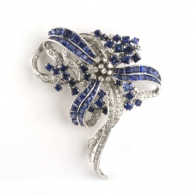 14k White Gold Diamond and Sapphire Brooch 1.60ct G/H VS